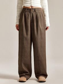 Easelle 格纹条纹休闲裤，适合秋冬 - 棕色 - 查看 4