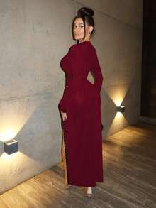 Zolique Novo vestido longo preto justo com fenda alta e decoração de pérolas falsas, moda outono e inverno, sexy, estilo francês chique e elegante, vestido longo para festa de Natal, roupa de Ação de Graças para mulheres, roupa longa para sair - Vermelho - Ver 2