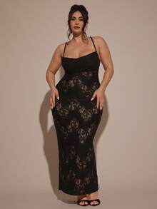 SHEIN BAE Plus Size Women Elegant Sexy Lace Long Dress,Elegant Dress,Winter, Summer,Cozy Fall And Winter,Halloween Costume, Christmas Outfit,New Year Outfit,Thanksgiving Plus Size,Elegant Dresses For Party,Sexy Club Outfits,Cozy Fall & Winter Styles,Plus Size Halloween Costumes,Formal Dresses,Wedding Guest Dress,Plus Size,Halloween Costumes Plus Size,Black Dress, Cocktail Dress,Birthday Party - Black - View 5