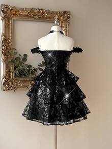 Lovelzi Elegant Luxurious Green Sequin Embroidered Patchwork Satin Bustier Waist See-Through Multi-Tiered Ruffle Hem Formal Gown