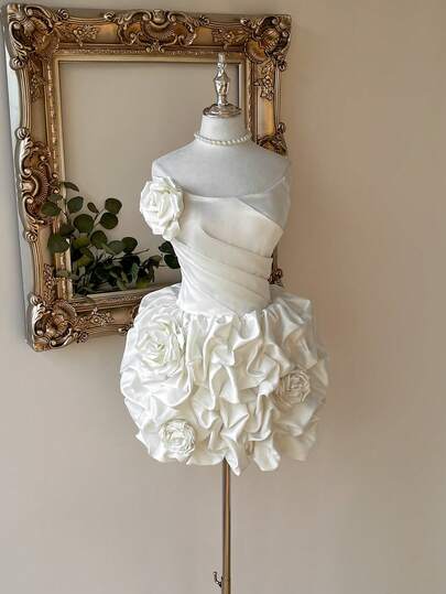 Lovelzi Elegant, Graceful, Romantic, Noble White Satin Sweetheart Waist Bubble Hem Dress, Suitable For Bachelorette Party, Wedding, Graduation, Vacation, Bridal Shower