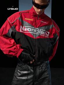 NEON BLANC X LYSMO COLLAB Áo khoác dài tay in chữ màu tương phản dành cho nam, Đồ đôi - Đỏ - Xem 8