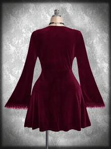 SHEIN ICON Váy nhung cổ vuông tay loe cỡ lớn, trang phục Halloween, váy phù thủy, thích hợp làm váy dự tiệc - Màu Đỏ Sâu - Xem 2