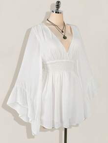 SHEIN ICON 加大码 V 领褶饰 A 字形喇叭袖连衣裙，波西米亚风、嬉皮风、Y2K 风格，适合夏季、游牧风、暑假、音乐节、毕业典礼和返校服装 - 白色 - 查看 6