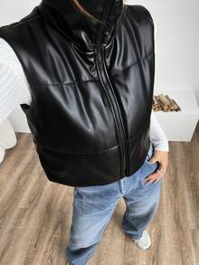 SHEIN EZwear Women Simple Plain Short Leather-Padded Coat , Winter Vest - Black - View 6