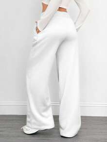 SHEIN Tall 舒适休闲纯色针织低腰阔腿女运动长裤秋冬保暖加绒 - 白色 - 查看 2