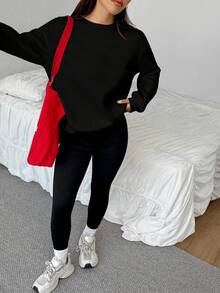 SHEIN EZwear 2 件套黑色休闲宽松圆领运动衫和紧身打底裤，秋冬 - 黑色 - 查看 4