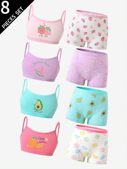 SHEIN 4pcs/Set Young Girl' Cute Minimalist Avocado, Strawberry, Lemon, Watermelon Fruit Print Comfortable Cotton Camisole And Briefs Set