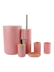 6PCS Bathroom Accessories Set, Plastic & Bamboo Bath Ensemble Kit With Lotion Dispenser, Toothbrush Holder, Toothbrush Cup, Soap Dish, Toilet Brush & Holder, Trash Can,Birthday, Holiday, Housewarming,Christmas Gift Set - Multicolor - View 10