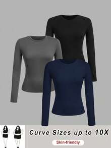 SHEIN CURVE+ 加大码女式纯色圆领休闲修身长袖 T 恤 3 件套装，适合春秋冬 - 彩色 - 查看 2