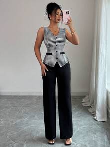 Elenzga Ladies Elegant Houndstooth Vest Top And Pants 2 Pieces Set - Black - View 3
