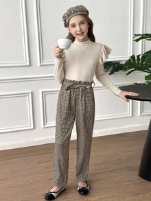 SHEIN Tween Girl 3 PiecesElegant Set: Ruffle Trim T-Shirt, Plaid Print Pants, And Hat - Khaki - View 5
