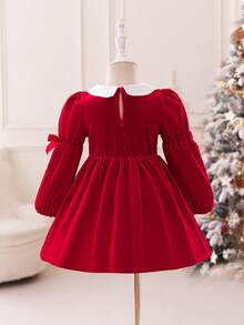 Glamorique Kids Baby Girls' Autumn/Winter New Velvet Korean Fleece Designed Peter Pan Collar 3D Bow Cute Party Long Sleeve Dress - Red - View 2
