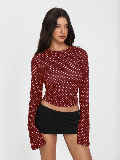 TRNVIE T-shirt à manches longues évasées à volants et imprimé pois pour femme