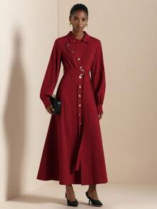 Lyxana Women's Elegant Collared Metal Button Decor Tie Waist Long Sleeve Dress - Red - View 7