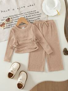 Conjunto de camiseta de manga larga de punto de unicolor versátil y casual para niñas bebé - Caqui - Ver 3