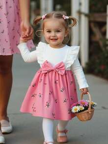 SHEIN Souflis Kleinkind Mädchen Rippkord Kleid mit Schleife, Blumen Rüschen Saum, Lässig Kleid, süß und niedlich für den Alltag und Urlaub