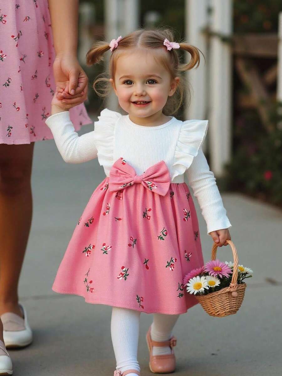 SHEIN Souflis Kleinkind Mädchen Rippkord Kleid mit Schleife, Blumen Rüschen Saum, Lässig Kleid, süß und niedlich für den Alltag und Urlaub