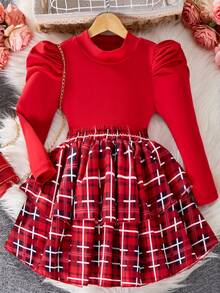 2pcs Girls Elegant Red Collar Puff Sleeve T-Shirt & Plaid Skirt Set - Red - View 1
