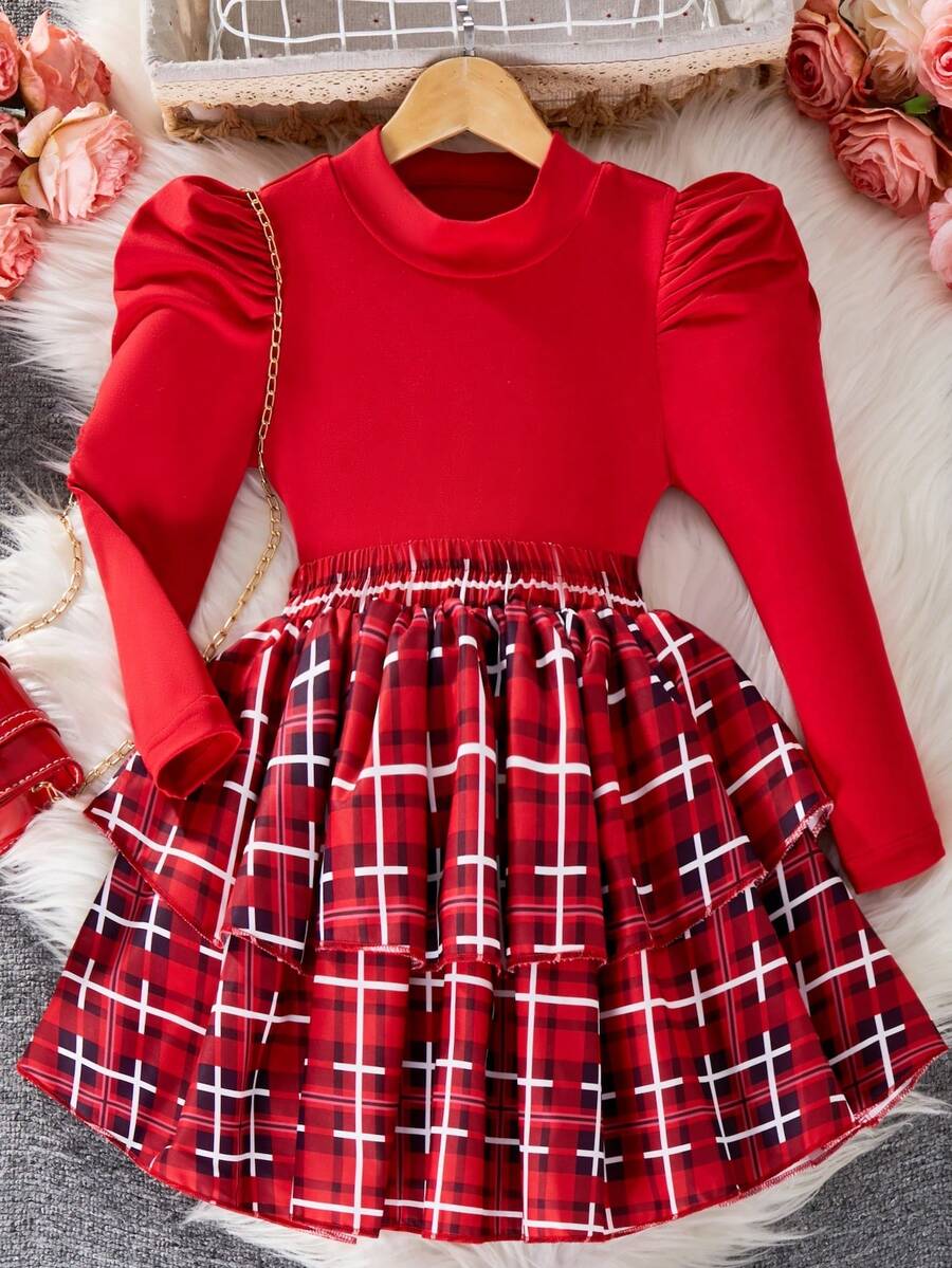 2pcs Girls Elegant Red Collar Puff Sleeve T-Shirt & Plaid Skirt Set - Red - View 1