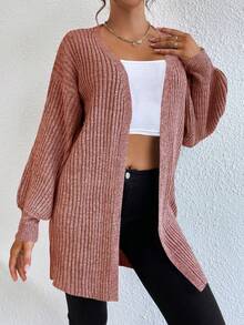 EURMUSE Ribbed Knit Drop Shoulder Open Front Cardigan - Pink - View 4
