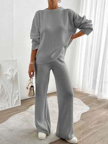 EURMUSE Women Solid Color Rib Knit Sweater & Sweater Pants Set - Grey - View 8