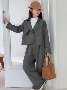 DAZY 女童休闲长款外套和裤子套装，秋季商务装 - 灰色 - 查看 6