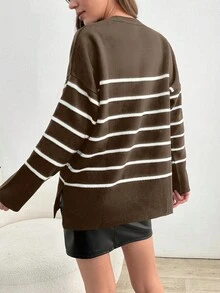 SHEIN Tall Striped Pattern Drop Shoulder Sweater, Tall Women - Camel - View 2