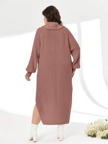 EURMUSE Turtleneck Raglan Sleeve Split Thigh Sweater Dress Without Belt - Dusty Pink - View 2
