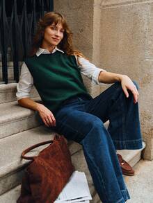 Écloséra 女士休闲宽松圆领无袖针织撞色饰边卡其色毛衣上衣，春秋季 - 墨綠色 - 查看 5