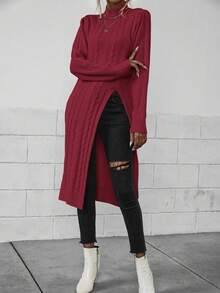 EMERY ROSE 休闲纯色立领高开衩毛衣，秋冬 - 酒紅色 - 查看 4