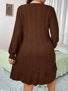 Vibekara Fashionable Lantern Sleeve V-Neck Cable Knit Sweater Dress