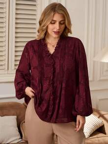 EMERY ROSE Plus Size V-Neck Long Sleeve Pleated Ruffle Hem Elegant Fashion Blouse For Women Red Top  Stylish Clothing Collection Elegant Party Clothes For New Year Christmas Clothes For Women  Winter Clothes For Women