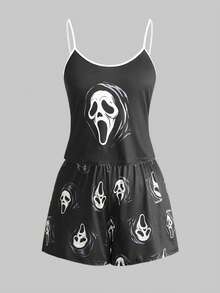 ROMWE Goth 大码女式哥特式小恶魔图案撞色吊带背心和短裤睡衣套装