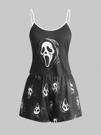 Ensemble pyjama grande taille pour femmes avec motif gothique imp, bretelles contrastées et short