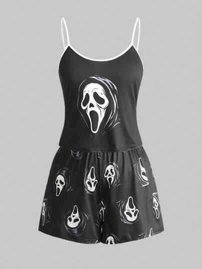 Goth Ensemble pyjama grande taille pour femmes avec motif gothique imp, bretelles contrastées et short