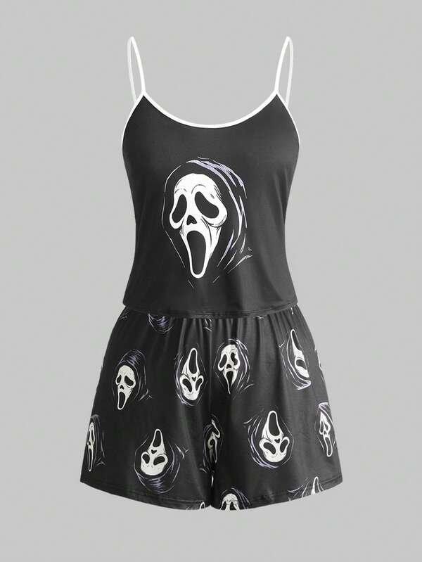 ROMWE Goth Plus Size Women Gothic Imp Pattern Contrast Strap Camisole & Shorts Pajama Set