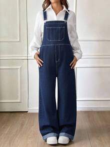 SHEIN Maternity Fall Autumn Winter Halloween Christmas New Year Thanksgiving Commuting Vacation Y2k Cute Party Elegant Business Casual Streetwear Coquette Pocket Design Wide Leg Loose Casual Blue Denim Bib Jumpsuit Classic Blue Denim Overalls For Women Adjustable Strap Loose Fit Jumpsuit With Rolled Cuffs Stylish Women Denim Dungarees Wide Leg Jumpsuit With Front Pocket Design And Comfortable Fit
