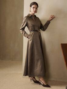 Ciel Poise 新款优雅女装，纯绿色纹理腰部，腰果花印花，金属仿皮黑色长腰带，A 字廓形，长袖，复古经典时尚衬衫裙 - 綠色 - 查看 6