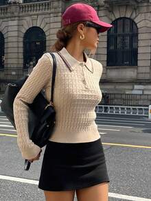 DAZY 女士休闲撞色领毛衣，秋季 - 杏色 - 查看 5