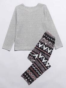 2pcs/Set Girls Casual Graphic Print Long Sleeve Top And Pants Pajama Set - Grey - View 2