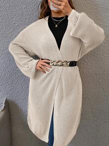 EMERY ROSE 大码女式绿色纯色针织开衫，露肩长袖宽松休闲，春/秋/冬 - 杏色 - 查看 7