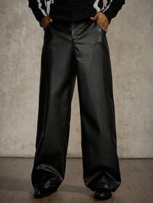 PAVTROS Manfinity Streetrush 男士黑色 PU 皮革长裤，宽松休闲直筒裤，送给男友或老公的绝佳礼物，黑色长裤，街头服饰，皮革长裤，保暖冬季，圣诞节男士黑色皮革长裤