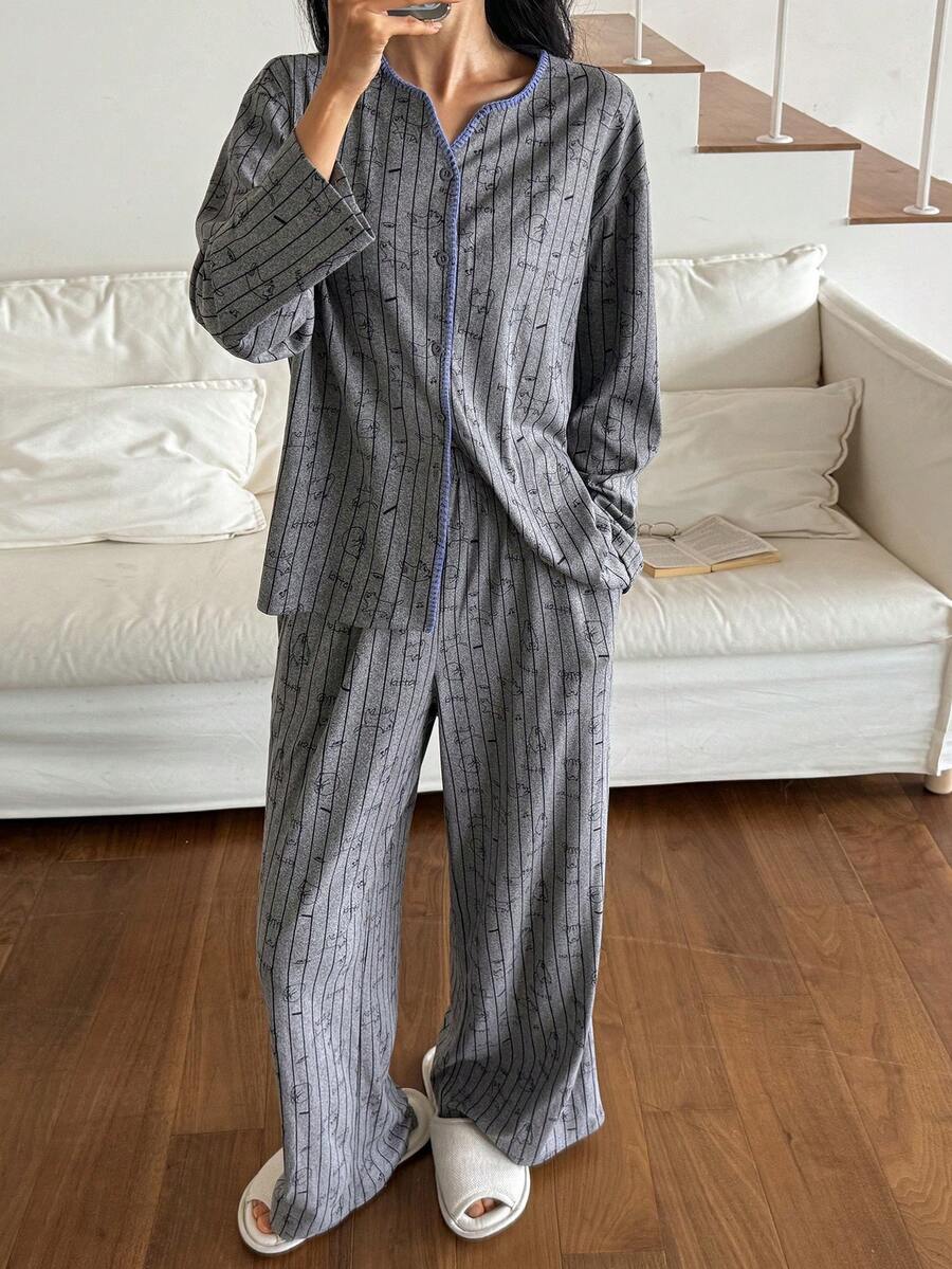 DAZY 女士条纹卡通图案拉绒面料撞色绣花边睡衣套装，秋冬 - 灰色 - 查看 1