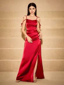 Vestido de satén con hombros descubiertos, decoración de moño en la cintura, dobladillo acampanado y abertura lateral, adecuado para bodas, bailes de graduación, cumpleaños, Halloween, Navidad - Burdeos - Ver 1