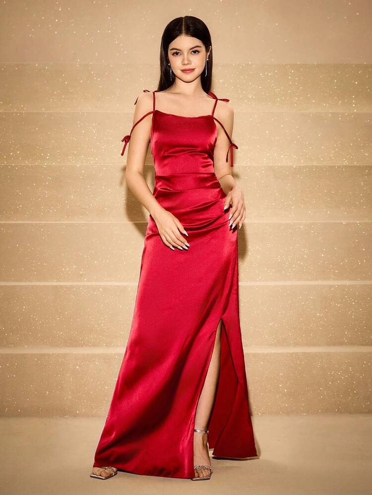 Vestido de satén con hombros descubiertos, decoración de moño en la cintura, dobladillo acampanado y abertura lateral, adecuado para bodas, bailes de graduación, cumpleaños, Halloween, Navidad - Burdeos - Añade 1