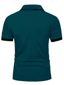 Manfinity Homme 男士休闲撞色袖口纽扣半开襟Polo衫，蓝绿色男士Polo衫，男士T领T恤，男士高尔夫球衫，男士Polo衫，绿松石色Polo衫 - 水鴨藍 - 查看 2