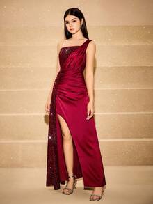 Váy dạ hội thanh lịch cho bé gái tuổi teen, váy phù dâu cho đám cưới, váy midi không tay lấp lánh màu đỏ tía cho lễ Halloween, Giáng sinh, những dịp trang trọng, váy công chúa bồng bềnh hở gấu thời trang cho bé gái khi trở lại trường - Màu Đỏ Sâu - Xem 1