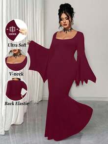 EMERY ROSE Vestido de bruja estilo gótico talla grande para mujer, bata de cuello de barco de manga de murciélago vintage, nueva bata larga elástica de cola de sirena para Halloween - Burdeos - Ver 1