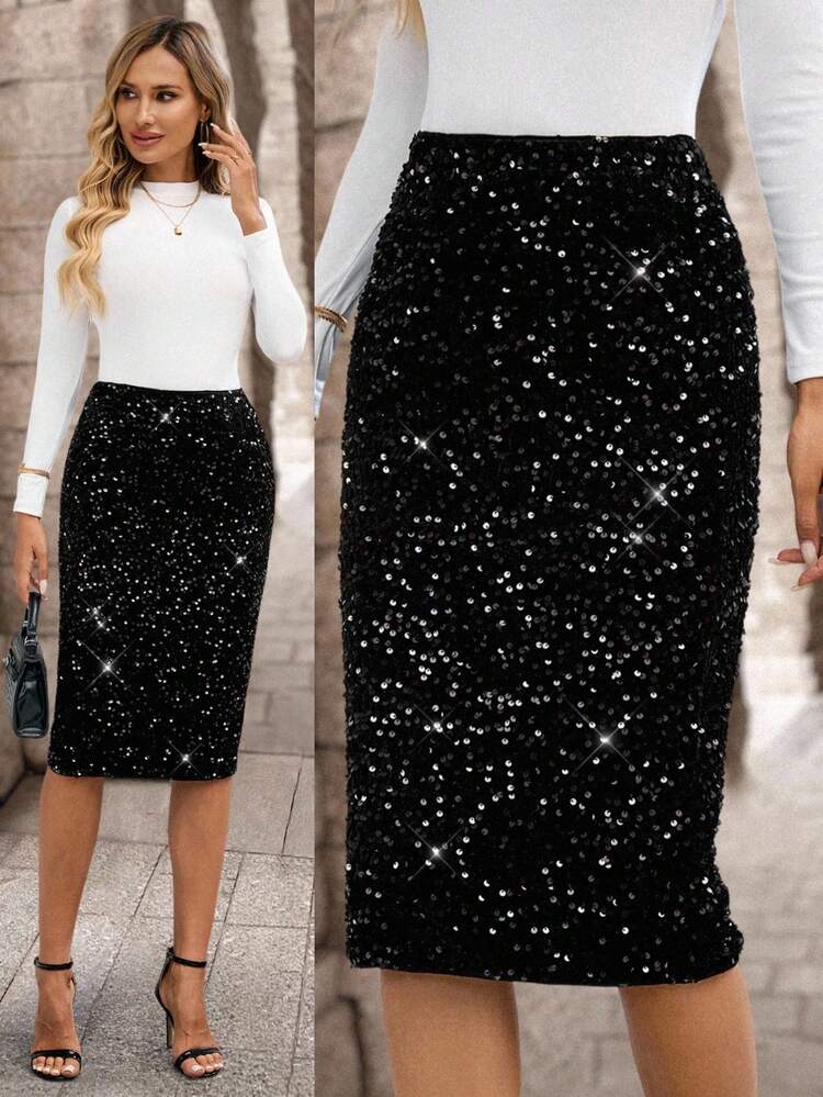 Women's Solid Color High Waist Sequin Elegant Glamorous Pencil Skirt Equin Skirt Sparkly Skirt Sexy    Black Skirt Christmas Women's Clothing  Autumn Winter Women